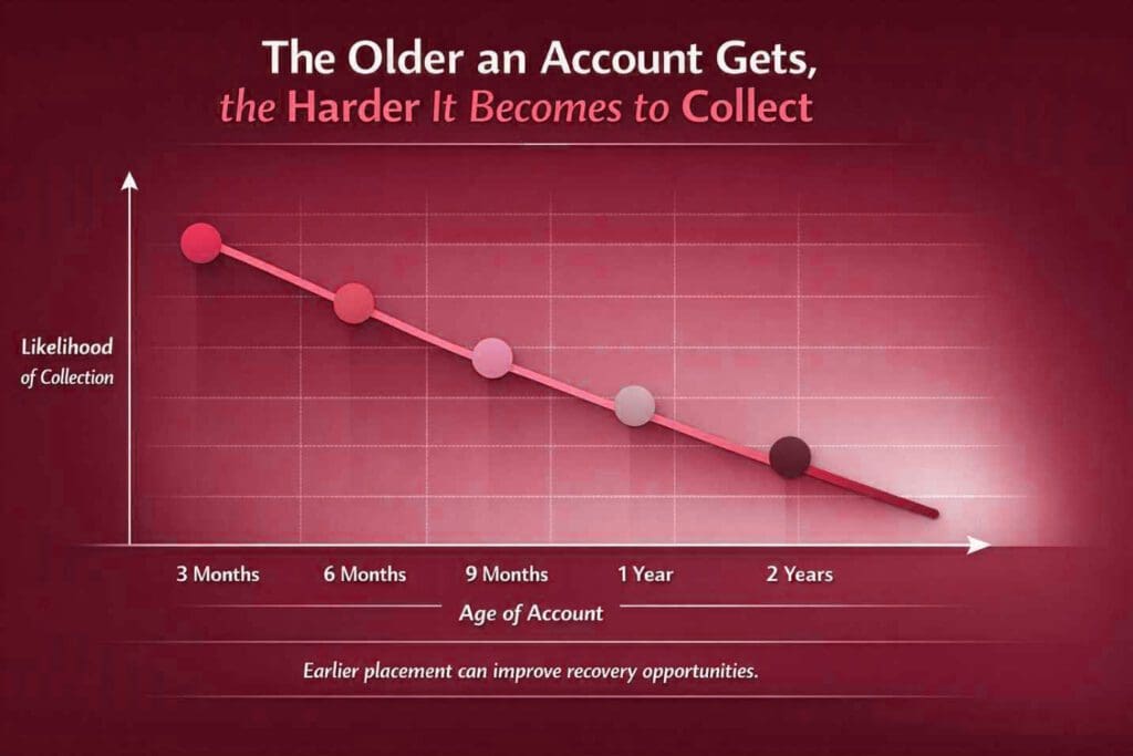 Line graph showing that the likelihood of collecting a past-due account decreases significantly as the age of the account increases.